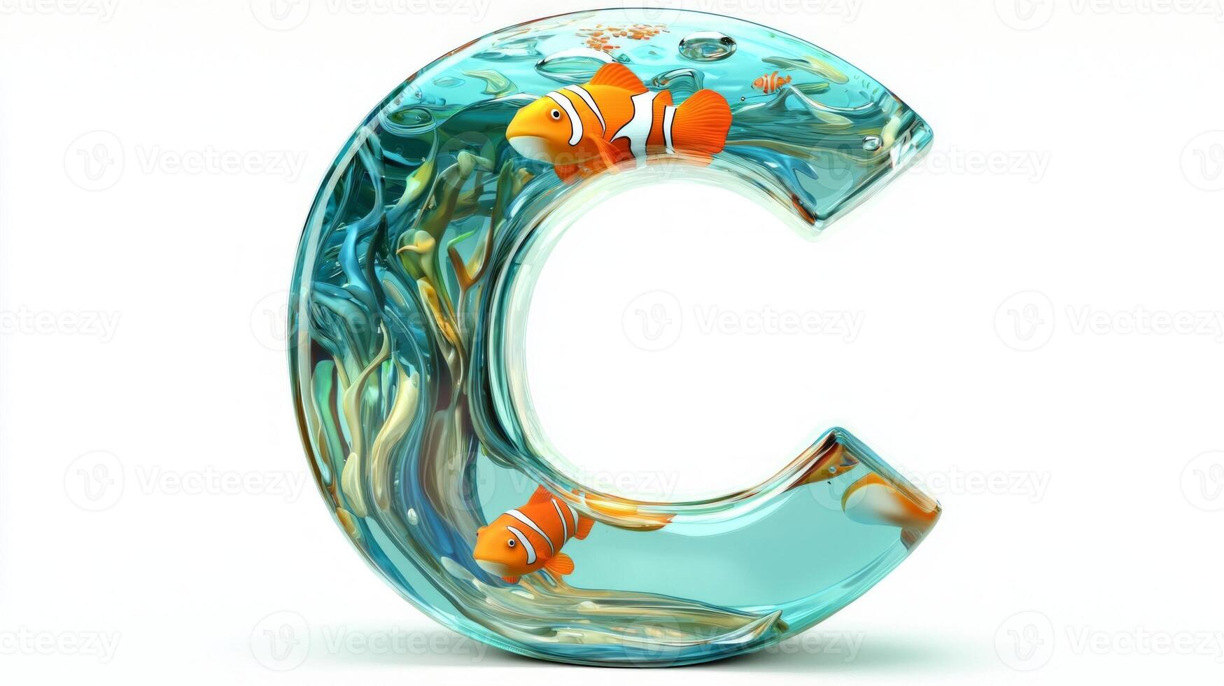 letter C, crafted from transparent glass, showcases a mesmerizing underwater world filled with colorful fish and aquatic plants, creating a playful and educational piece. photo