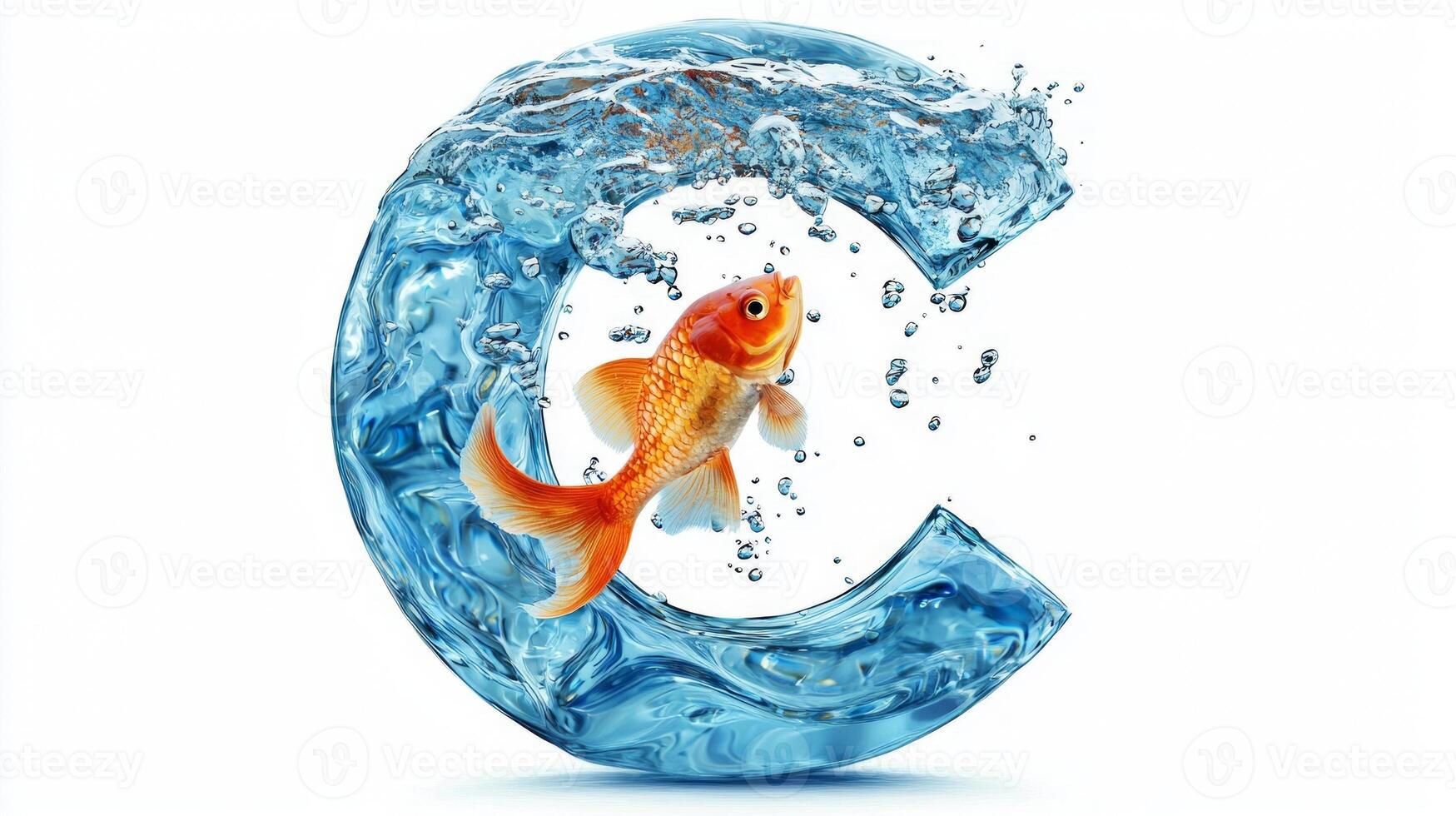 stunning portrayal of the letter C crafted from transparent glass, displaying lively fish swimming in water. The design is showcased against a clean white backdrop, emphasizing its beauty. photo