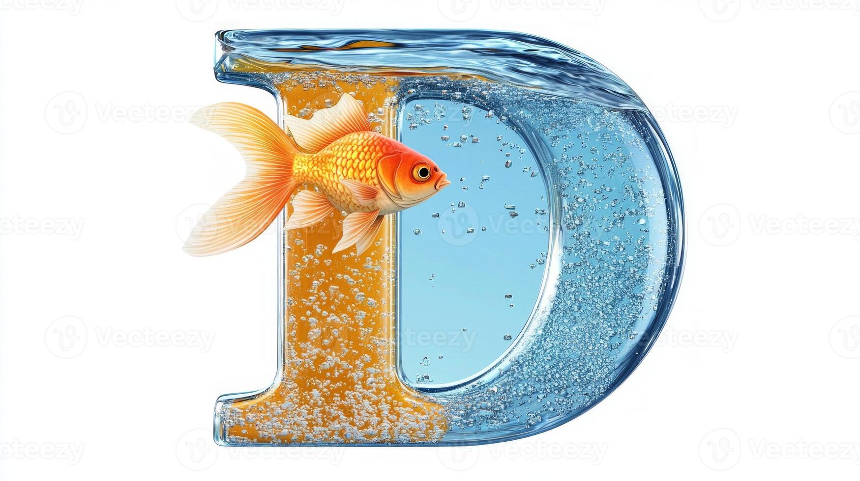 artistic representation showcases a glass letter D filled with water and a lively goldfish photo