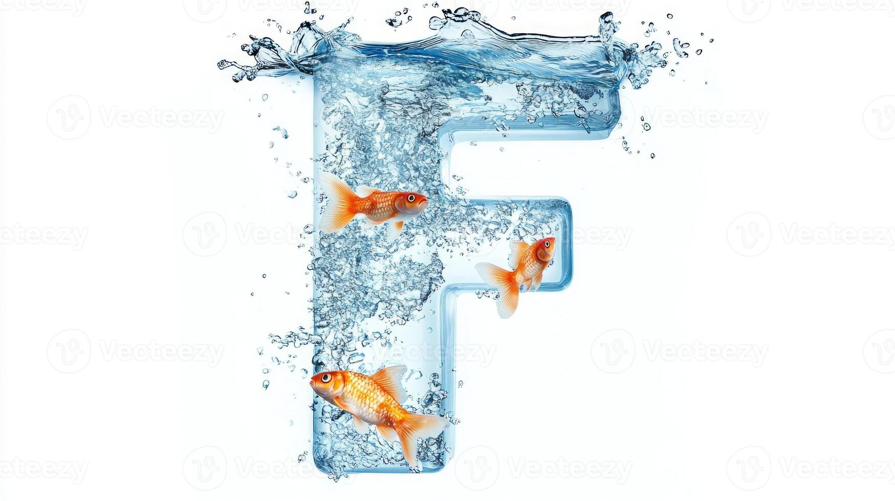 letter F showcases a stunning glass-like texture, seamlessly integrated with water, creating a lively habitat for colorful fish, all set against a pure white background. photo