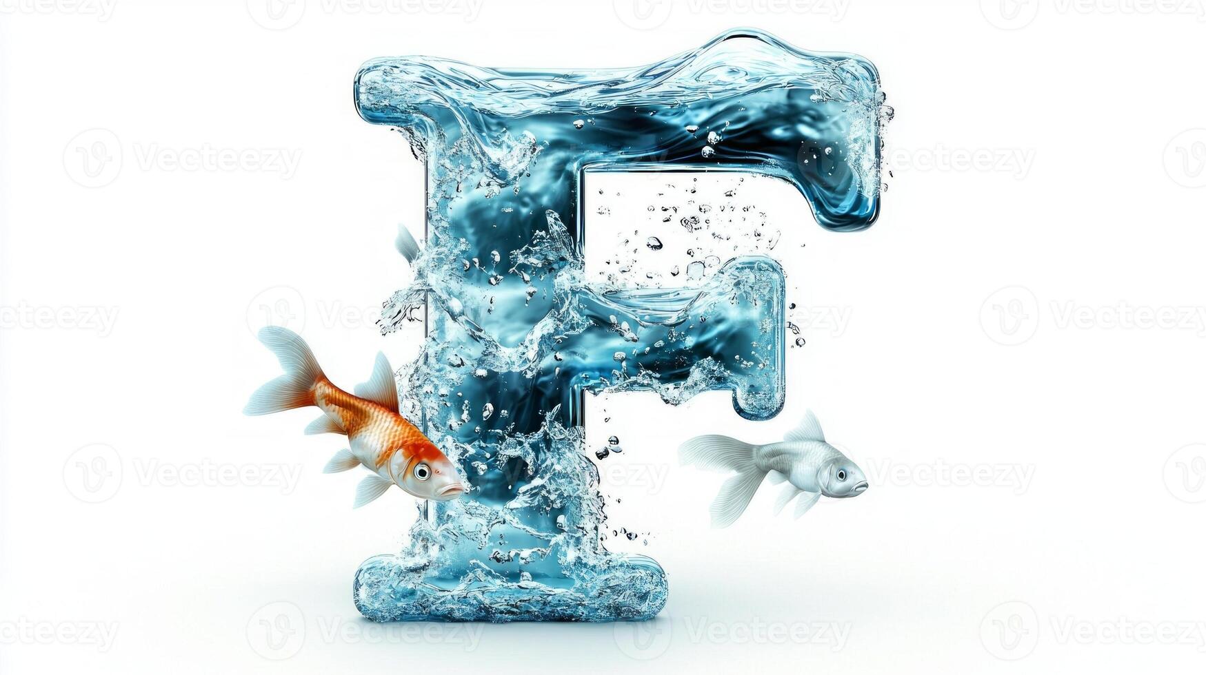 artistic creation presents the letter F, crafted from clear glass and holding water, where vibrant fish swim gracefully, surrounded by a dynamic aquatic environment. photo