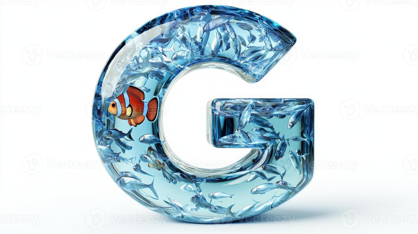 letter G is crafted from glass, featuring a dynamic aquarium scene filled with water and lively fish. Its cartoon style adds a whimsical touch, making it visually captivating. photo