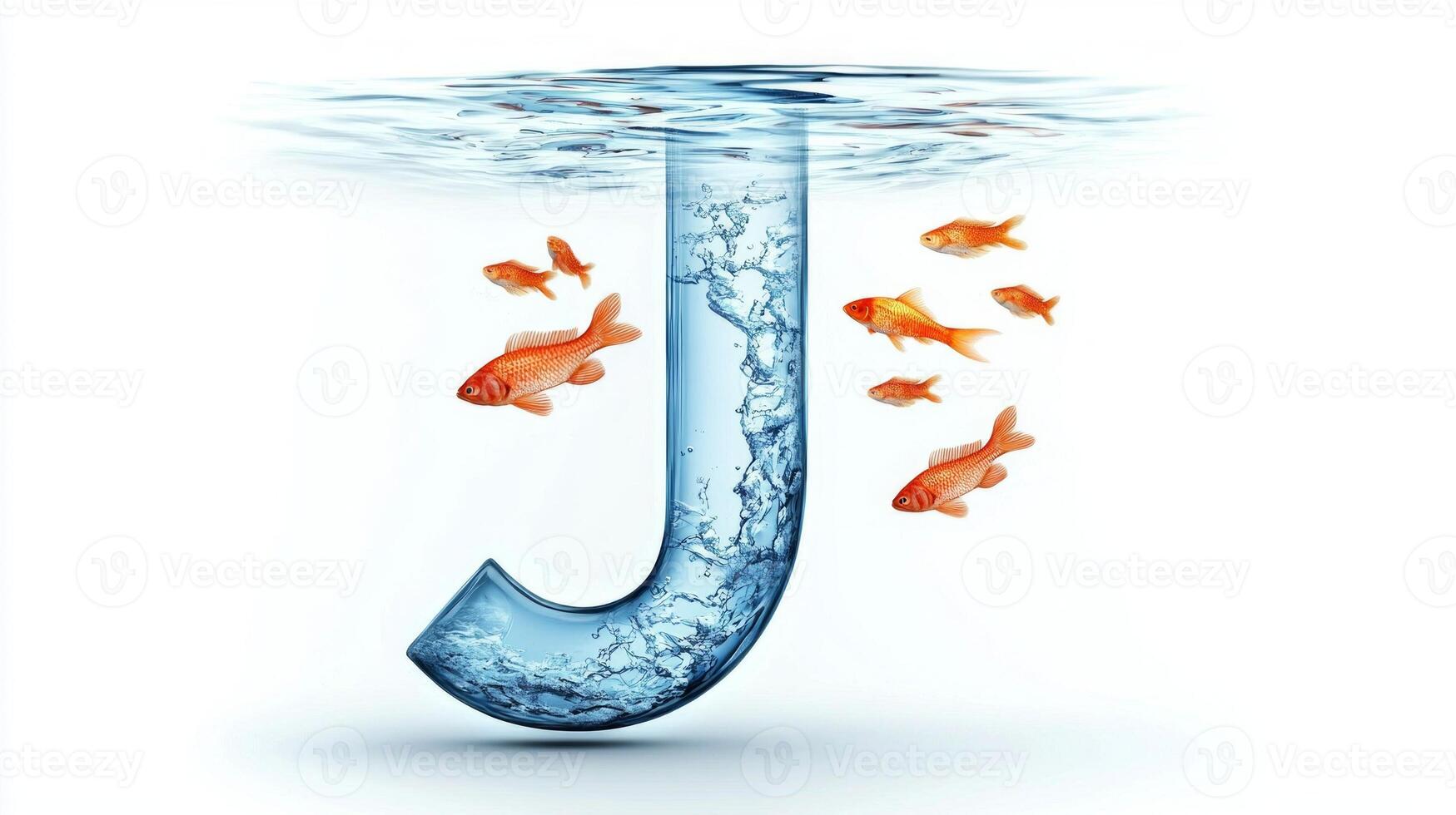 letter J stands elegantly in a glass design, submerged in clear water. Colorful fish swim gracefully around it, enhancing the artistic display against a pristine white backdrop. photo