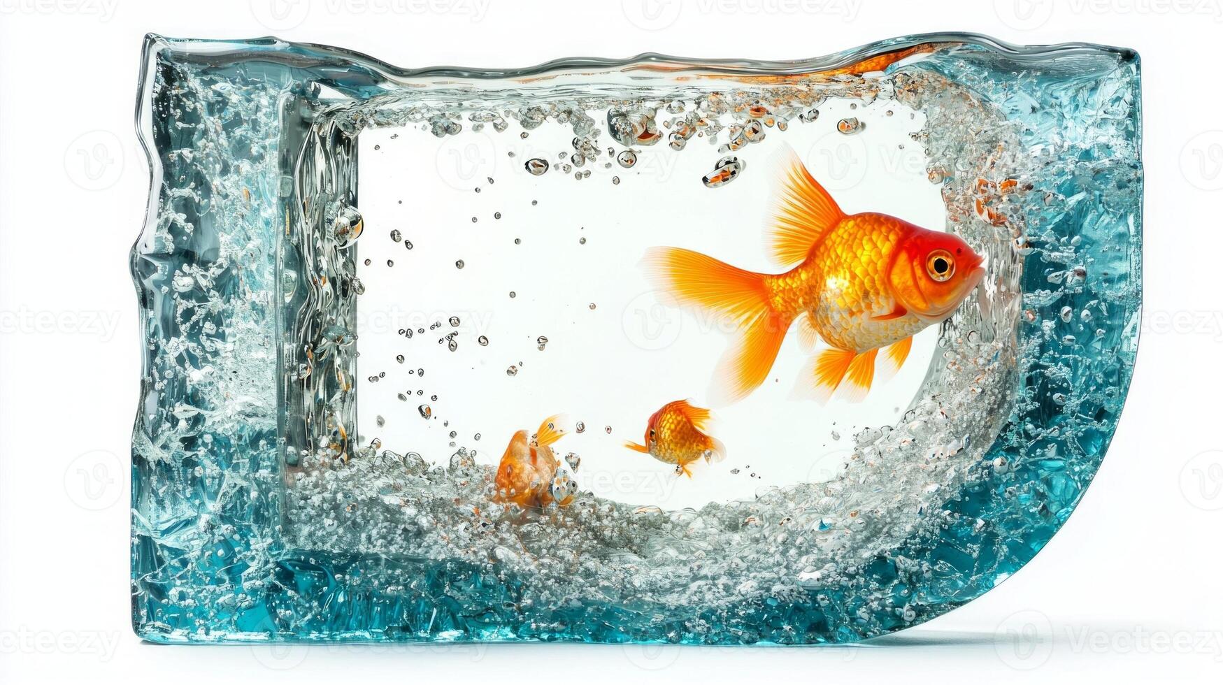 stunning glass representation of the letter L showcases colorful fish swimming within clear water, creating a vibrant aquatic display on a white backdrop. photo