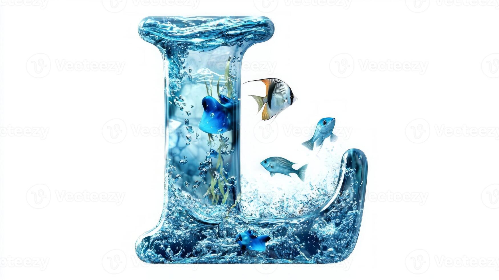 elegant Letter L showcases a mesmerizing glass structure filled with crystal-clear water and lively fish swimming harmoniously. This artistic piece captivates with its vibrant aquatic scene. photo