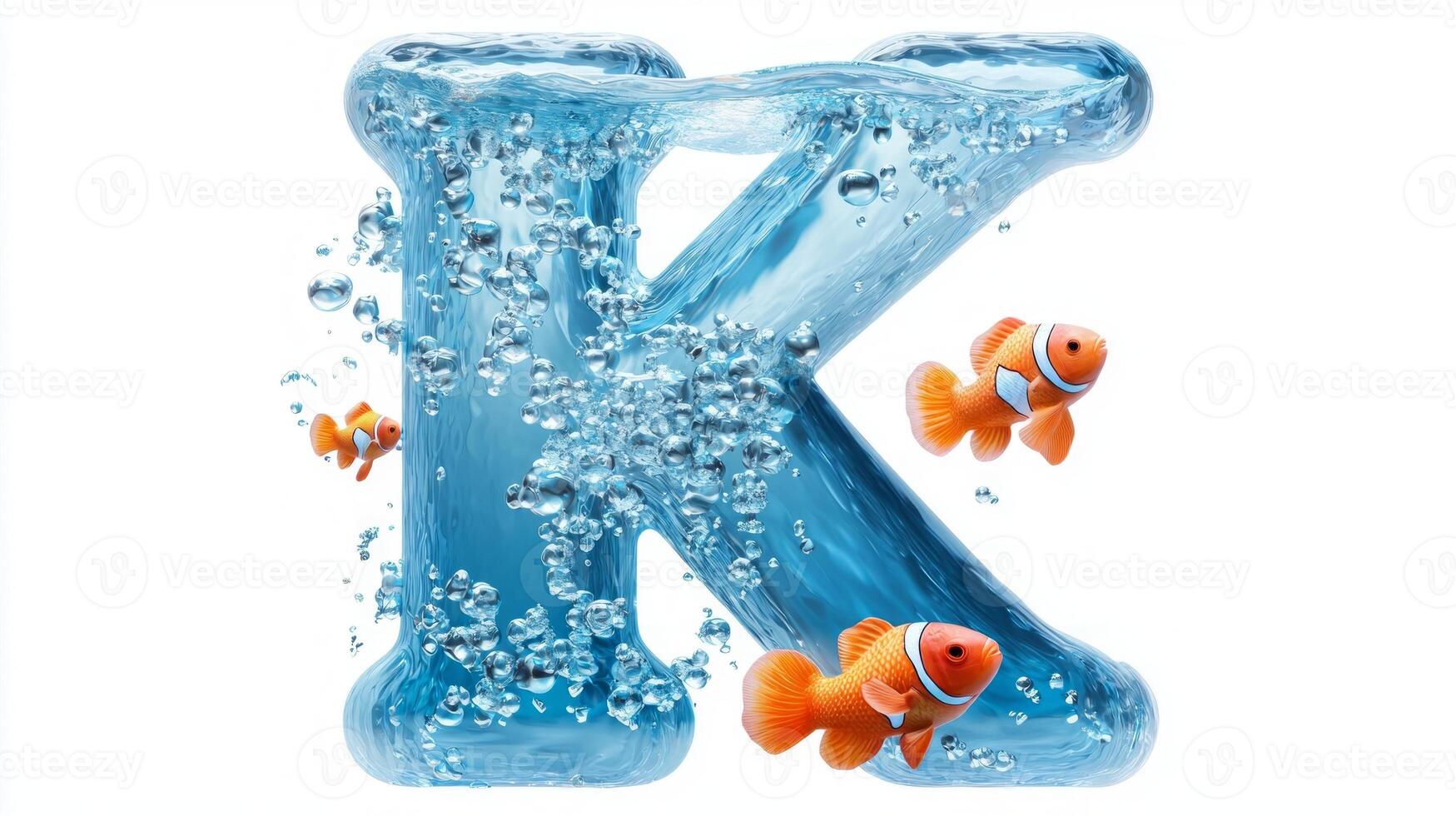 letter K floats within a clear glass texture, brimming with sparkling water and playful orange clownfish. Bubbles rise, enhancing the vibrant aquarium effect. photo
