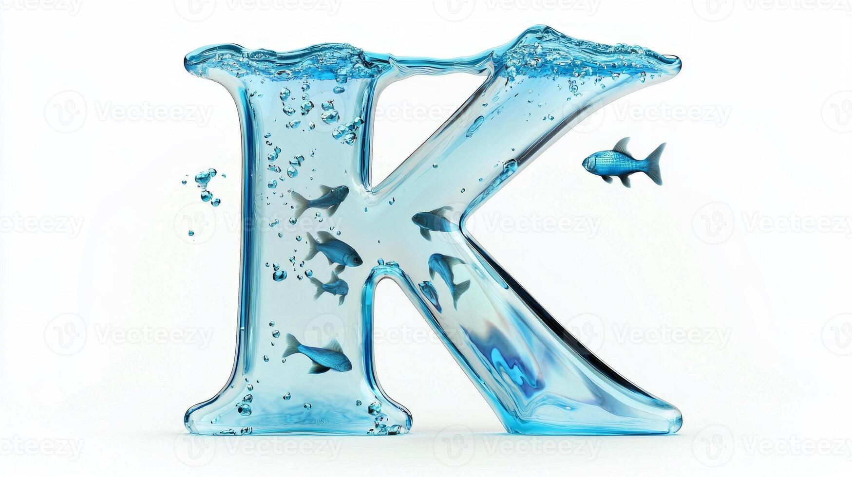 letter K appears as a transparent glass structure, filled with shimmering water and lively fish swimming within it, set against a clean, white backdrop. photo