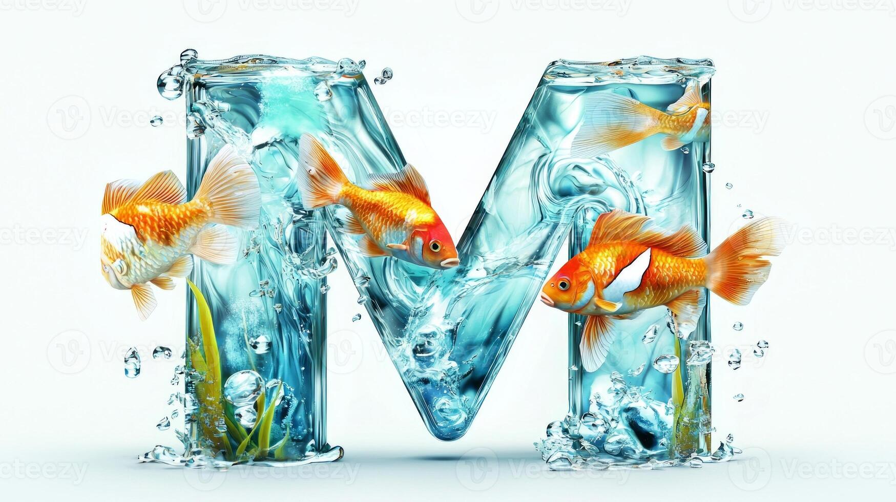 stunning glass letter M houses lively fish swimming through clear water, creating a beautiful underwater scene. This artistic design showcases a unique aquarium concept. photo