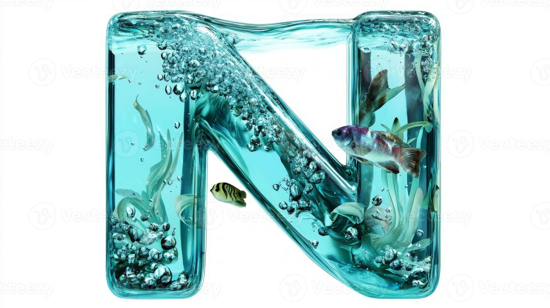 stunning letter N crafted from glass contains a lively aquatic scene, showcasing colorful fish and lush vegetation swimming through sparkling water. photo