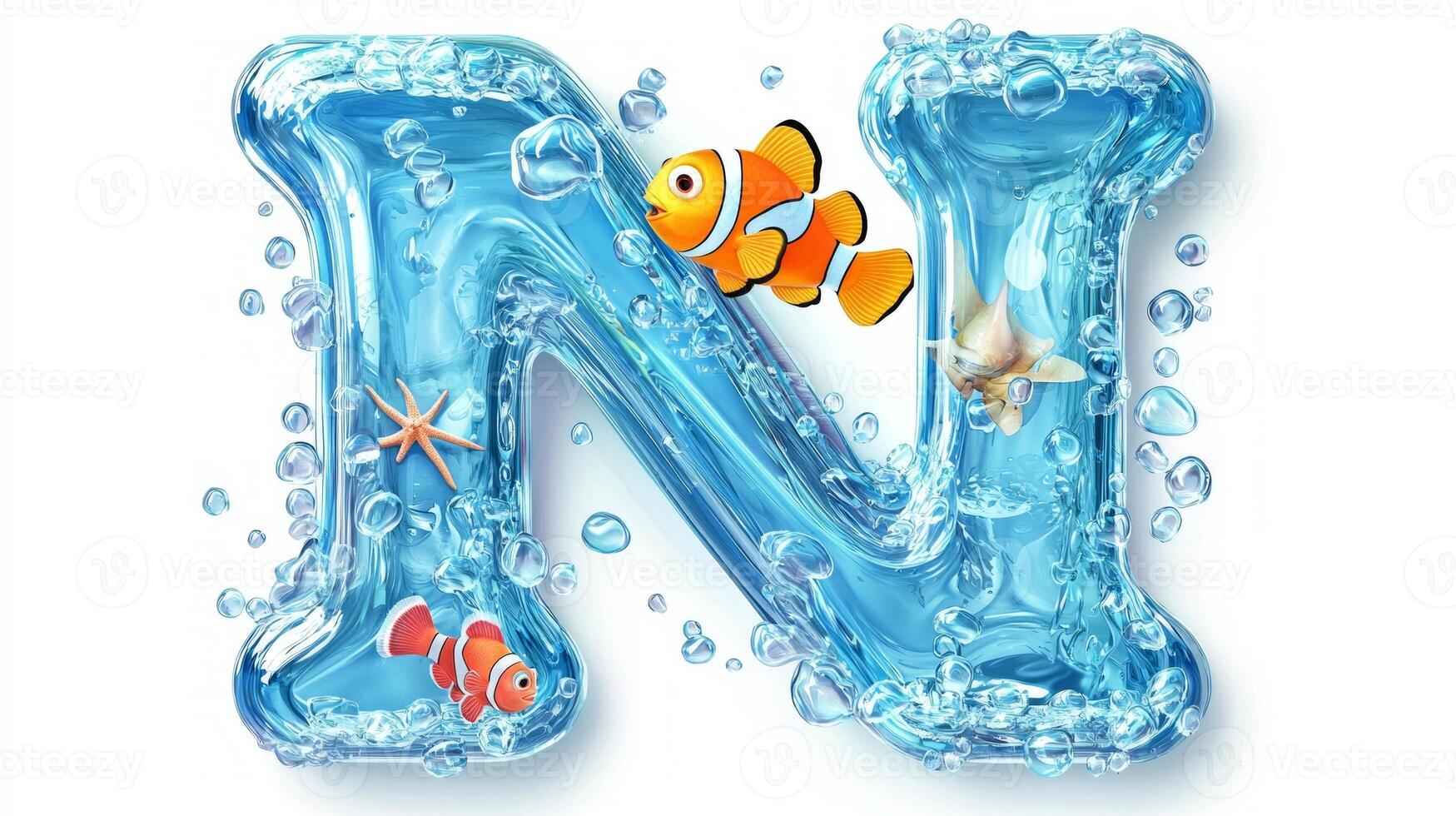 artistic representation showcases the letter N, crafted from clear glass and filled with vibrant fish and aquatic life, set against a bright white background. photo
