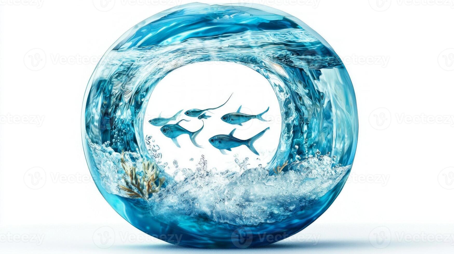 letter O floats as a clear glass structure filled with sparkling water, showcasing lively fish swimming amidst soft bubbles and aquatic plants, creating an enchanting underwater scene. photo