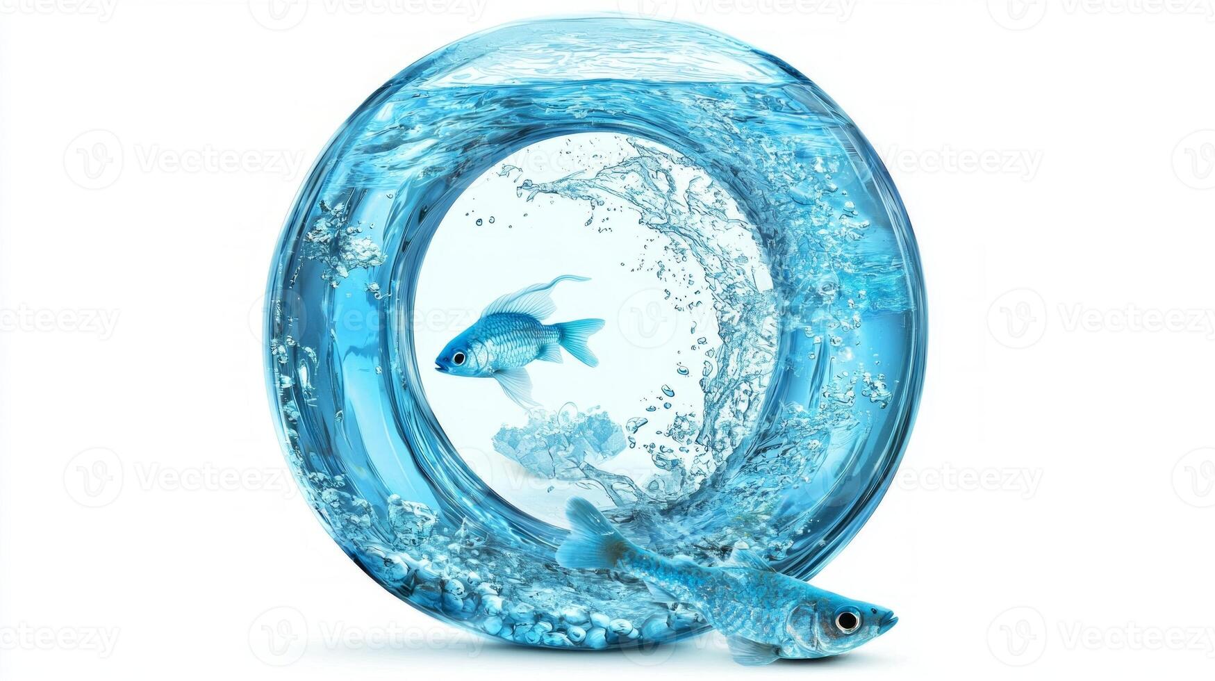 striking representation of the letter Q crafted from glass, showcasing aquatic life within. Fish swim gracefully in the water, creating an enchanting visual experience. photo