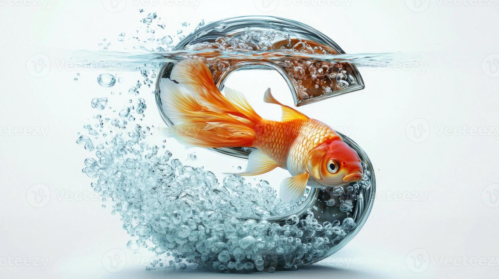 letter S crafted with a transparent glass texture showcases lively fish swimming within, creating a captivating aquatic atmosphere against a pristine background. photo