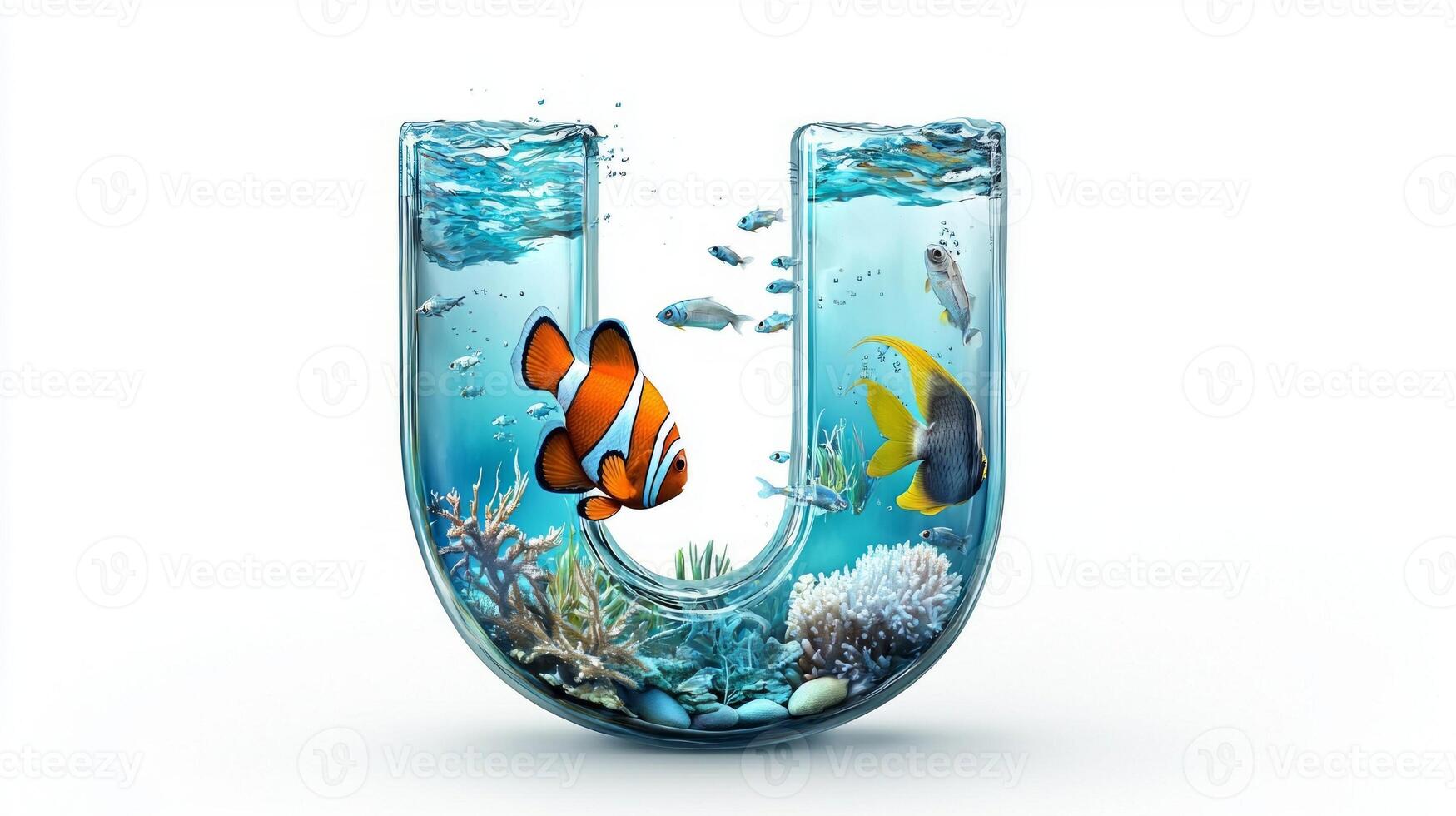 letter U emerges as a mesmerizing glass structure, encapsulating an aquarium scene with colorful fish and lush aquatic life, all set on a pristine white background. photo