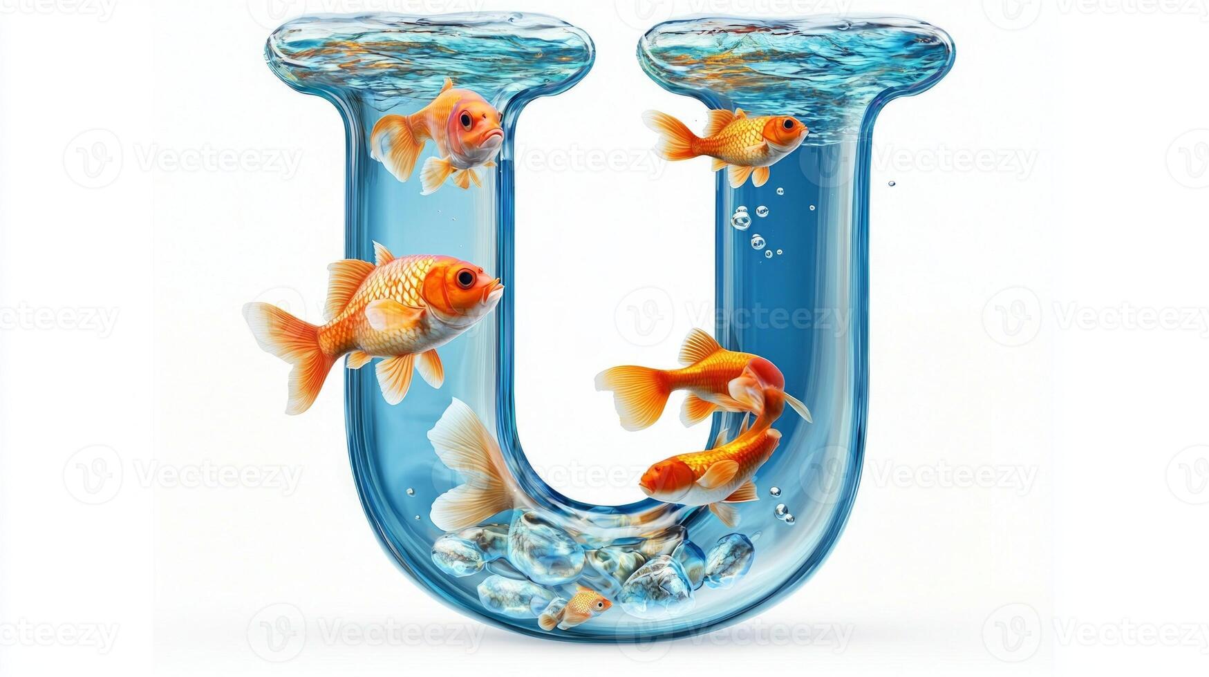 letter U captivates with a stunning glass design, filled with shimmering water, playful goldfish, and floating bubbles, beautifully isolated against a clean white backdrop. photo