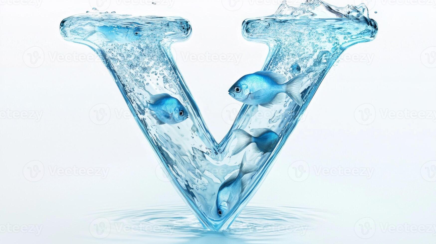 artistic letter V showcases a stunning glass design, seamlessly blending with clear water and small fish swimming inside, creating a refreshing and unique aesthetic. photo