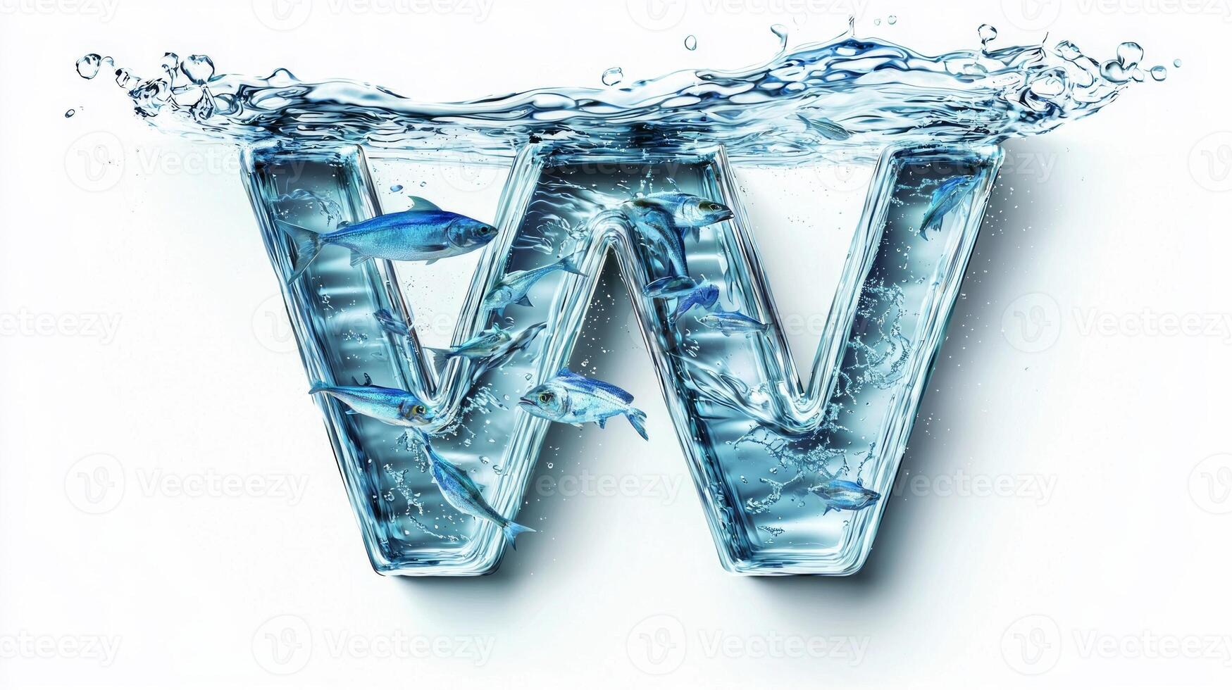 glass letter W showcases a captivating aquatic scene, featuring vibrant fish swimming within clear water, all set against a pristine white backdrop. photo