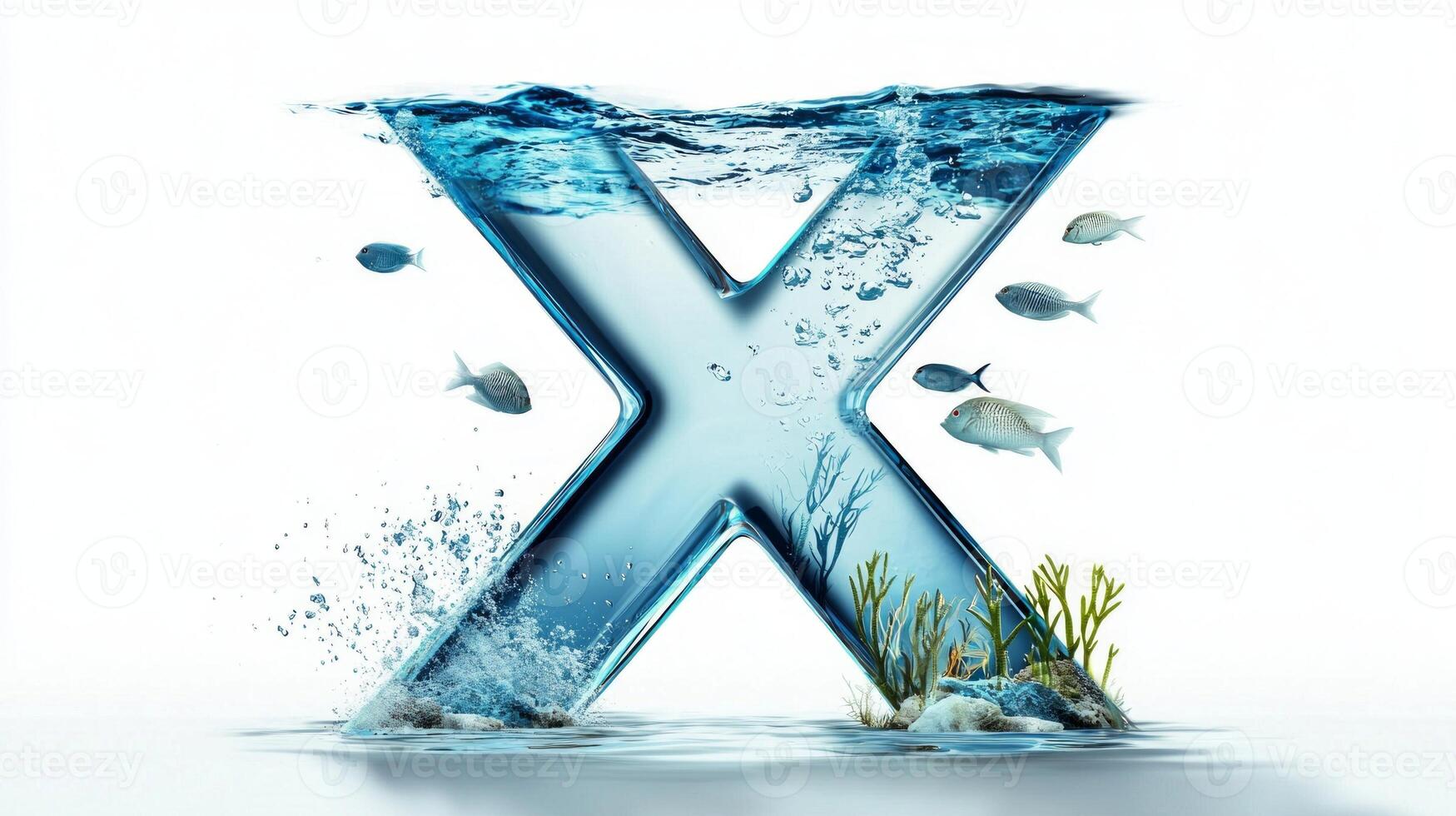 stunning glass letter X features a lively aquarium scene filled with fish and aquatic plants, bringing a touch of nature to a minimalist white background. photo
