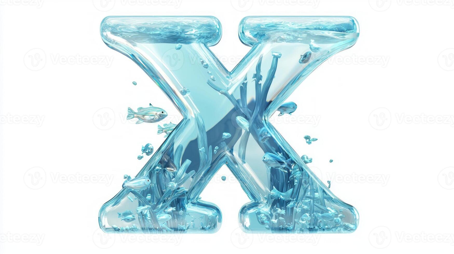 letter X showcases a glass-like texture, immersed in vibrant water and lively fish, creating a playful aquarium effect against a clean white background. photo