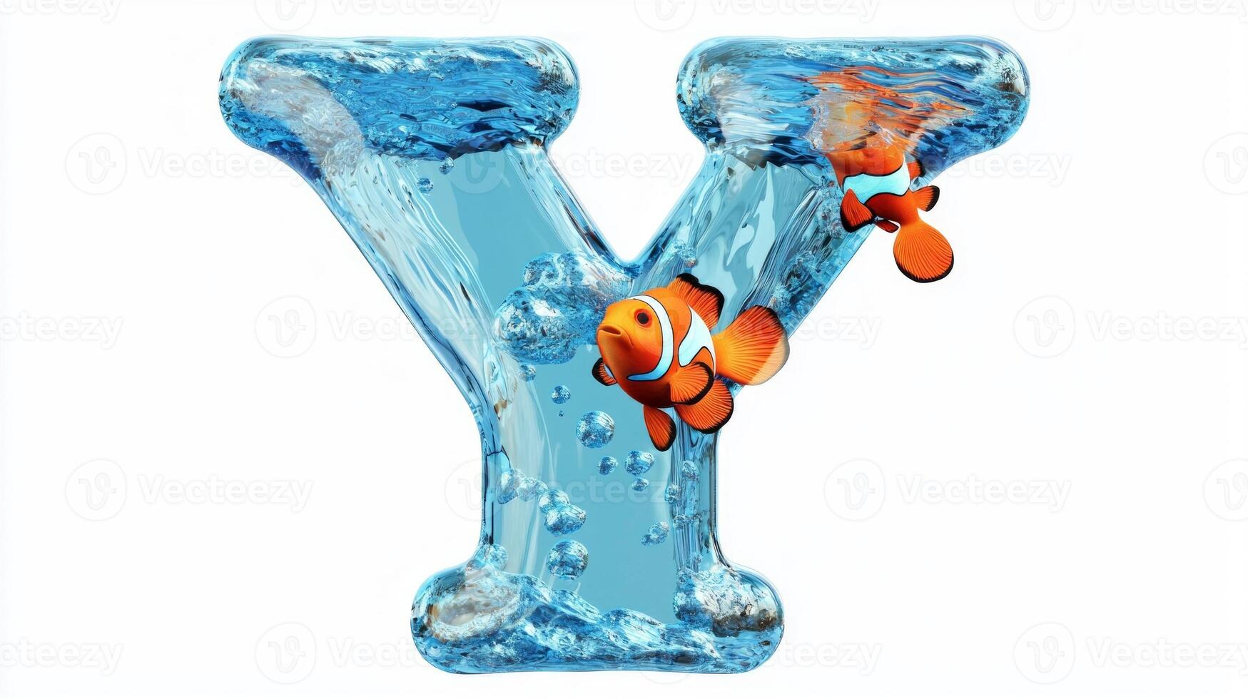 letter Y is transformed into a stunning glass structure, showcasing colorful fish swimming within the flowing water, set against a clean white backdrop, making it lively and imaginative. photo