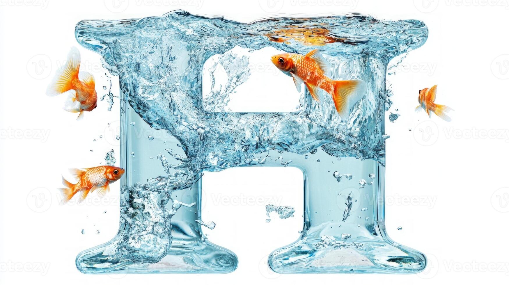 striking graphical representation features the letter H crafted from glass encapsulating water and colorful fish. photo