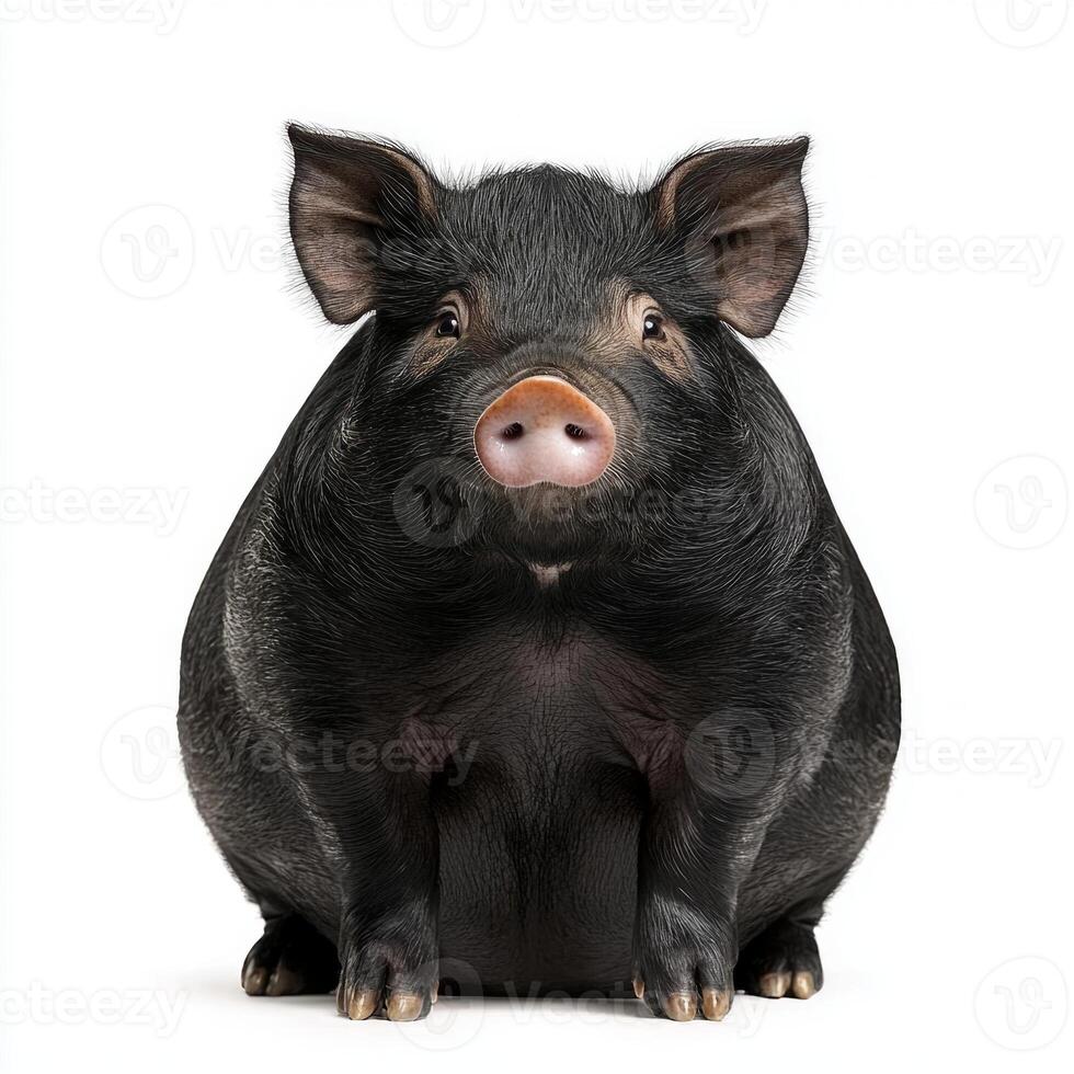 delightful Vietnamese pot-bellied pig sits peacefully, showcasing its adorable round figure and small, endearing snout while isolated against a pristine white background. photo