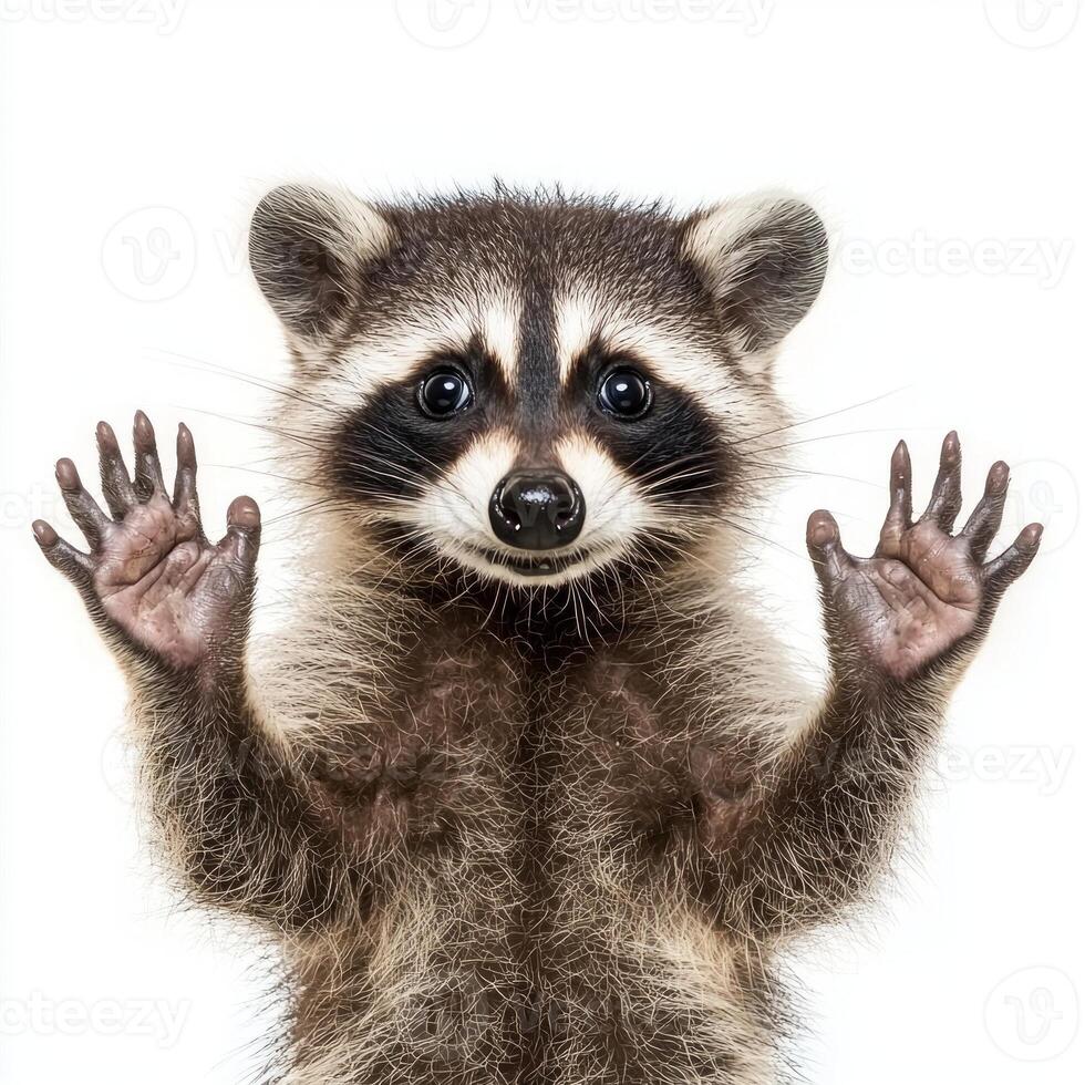 adorable raccoon stands on its hind legs, raising its front paws in a playful gesture. Its distinctive masked face and ringed tail create a captivating character isolated on a light backdrop. photo
