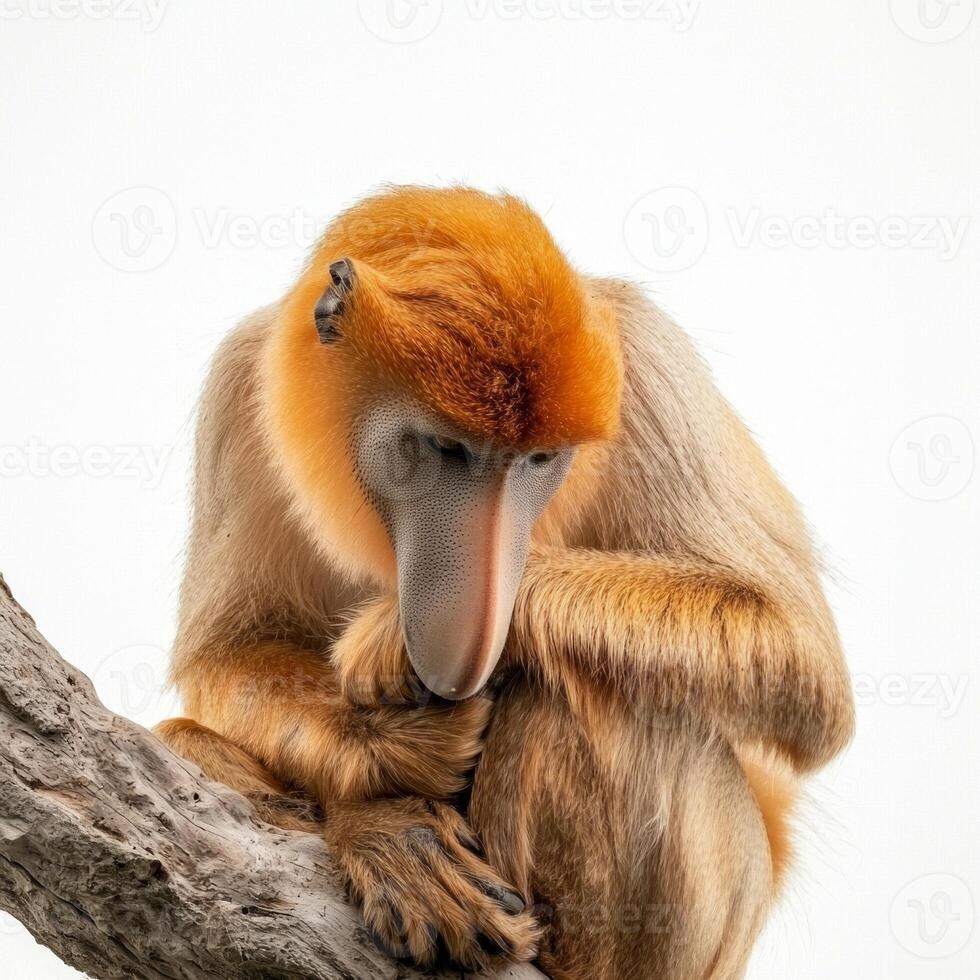 proboscis monkey quietly sits on a branch, its long, distinctive nose and textured fur highlighted by the simplicity of a white background, exuding a sense of calm. photo