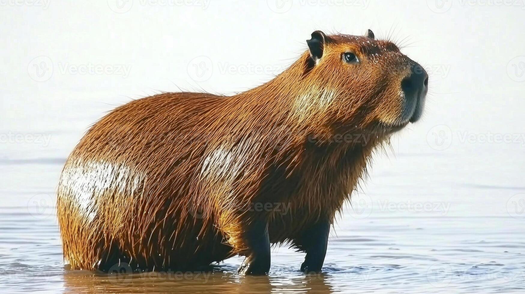 large capybara wades through calm water, revealing its thick, glossy fur while standing proudly, creating a striking contrast with a clean white background. photo