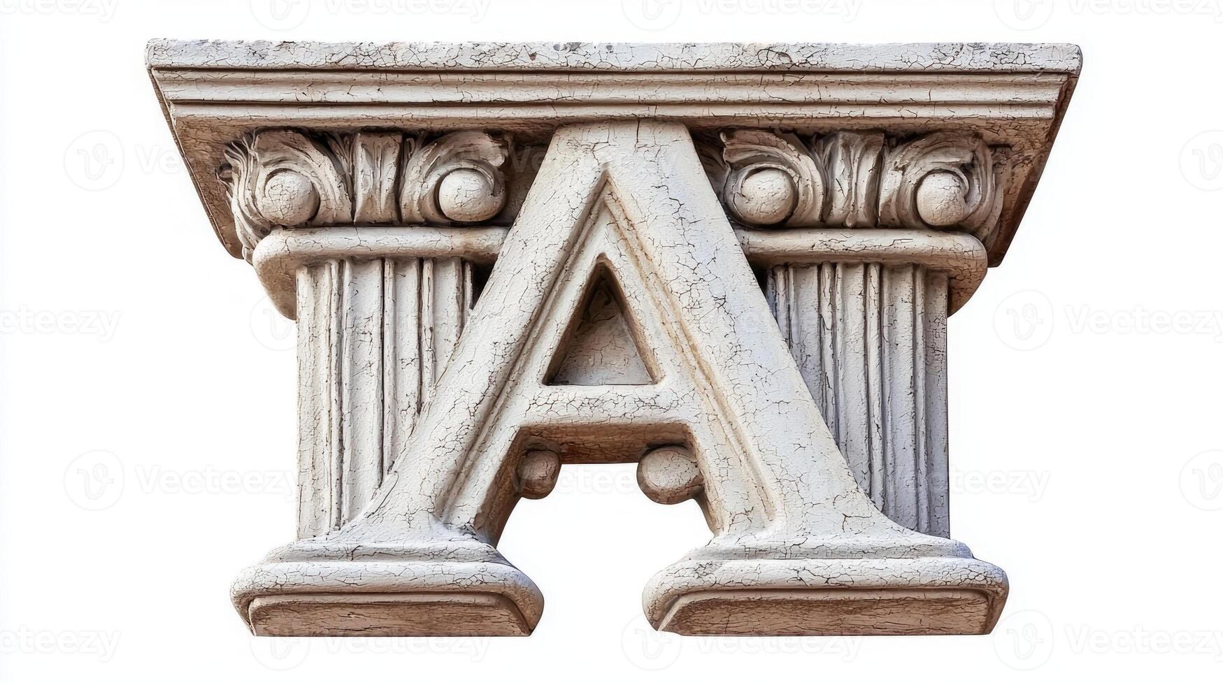 elegant letter A, meticulously designed with vintage column textures, stands out against a clean white background, showcasing artistry and craftsmanship in typography. photo