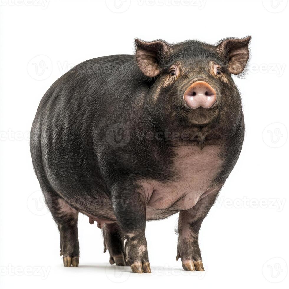 delightful pot-bellied pig showcases its adorable features, with a large round belly and sturdy short legs, creating a captivating portrait against a pristine white backdrop. photo