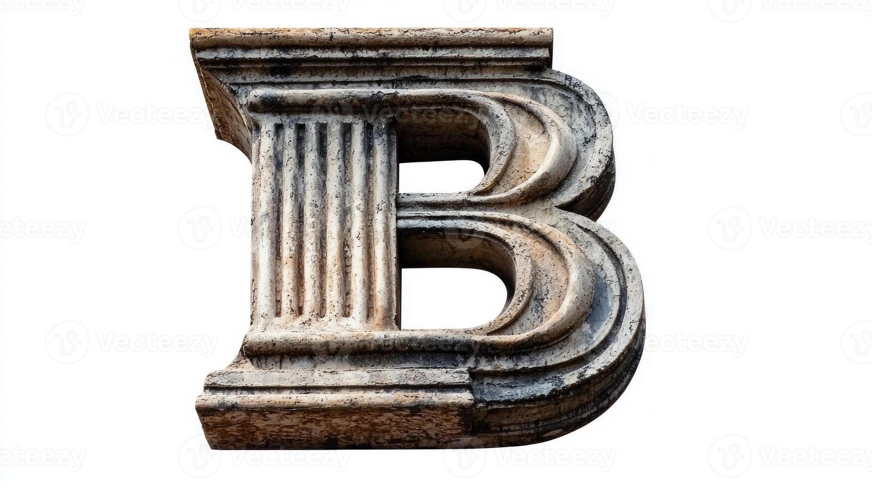 striking letter B, crafted with an intricate antique column texture, stands boldly against a clean white backdrop, exuding timeless elegance and artistic beauty. photo