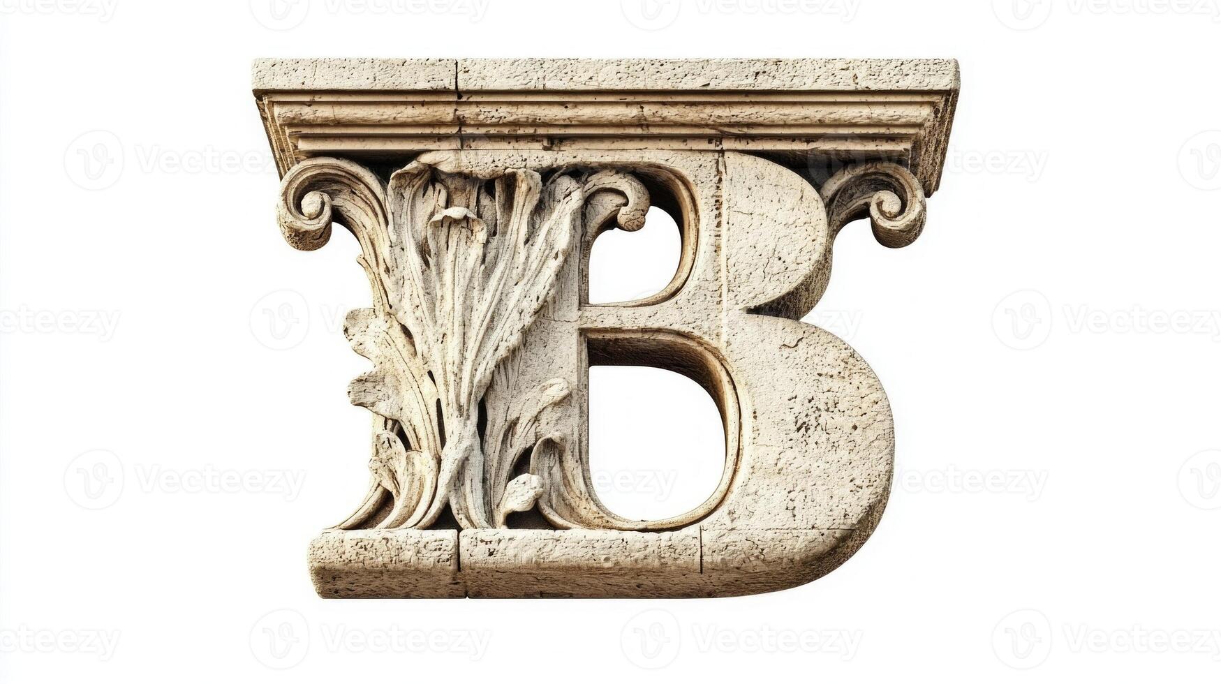 Elegant letter B takes center stage, crafted from antique column material, highlighting intricate details set against a pristine white background. photo