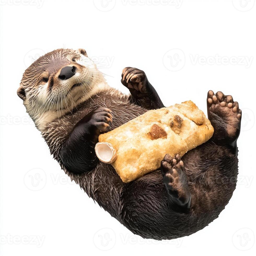charming otter glides effortlessly on its back, cradling a shell on its belly, embodying tranquility amidst a simple white background. photo