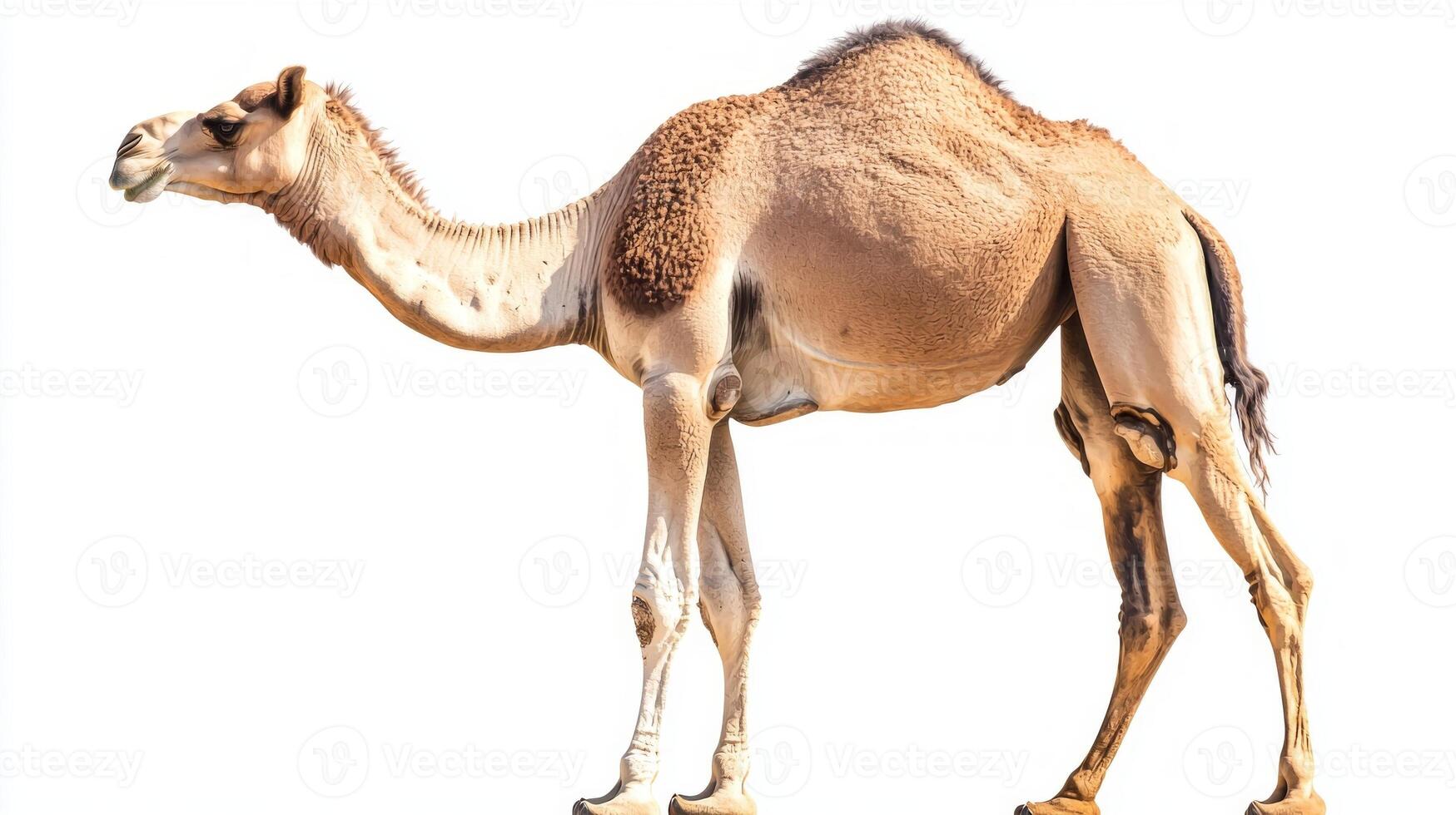 captivating camel stands tall and proud, showcasing its unique humps and characteristic features while its head is elegantly turned, making for a striking visual against the white background. photo
