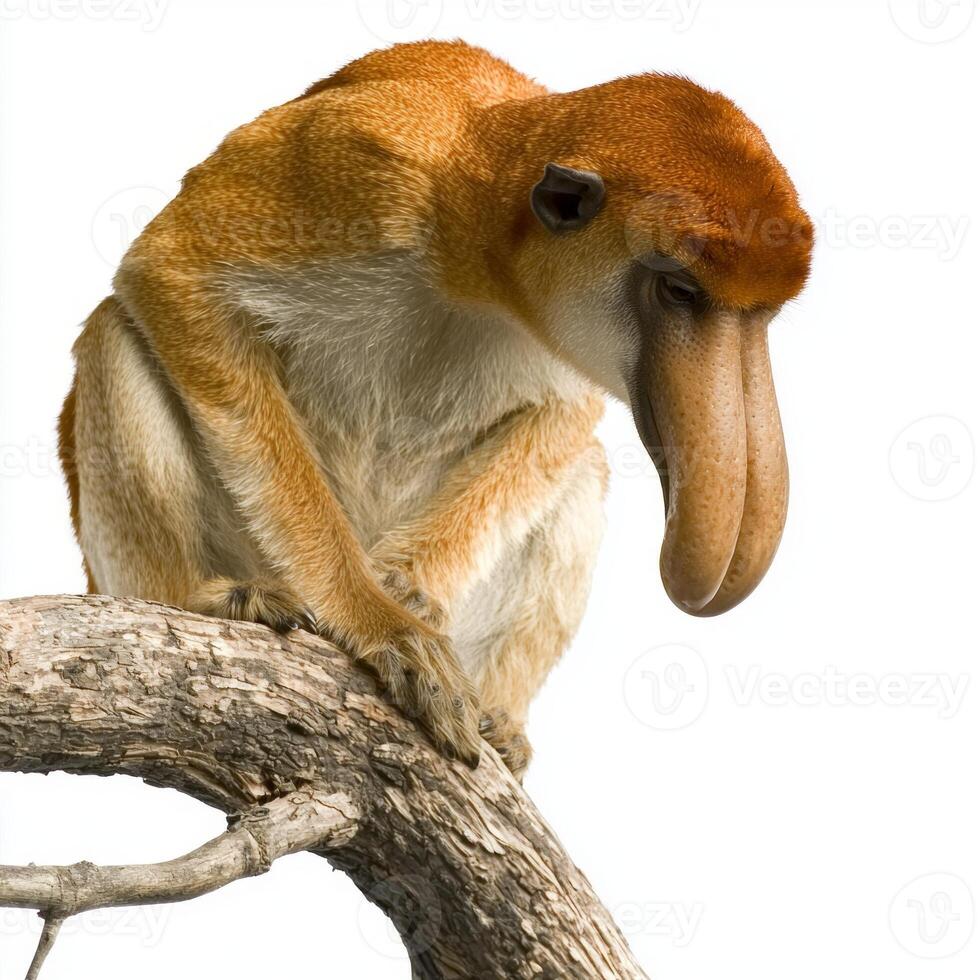proboscis monkey elegantly sits on a branch, its long nose prominently displayed photo