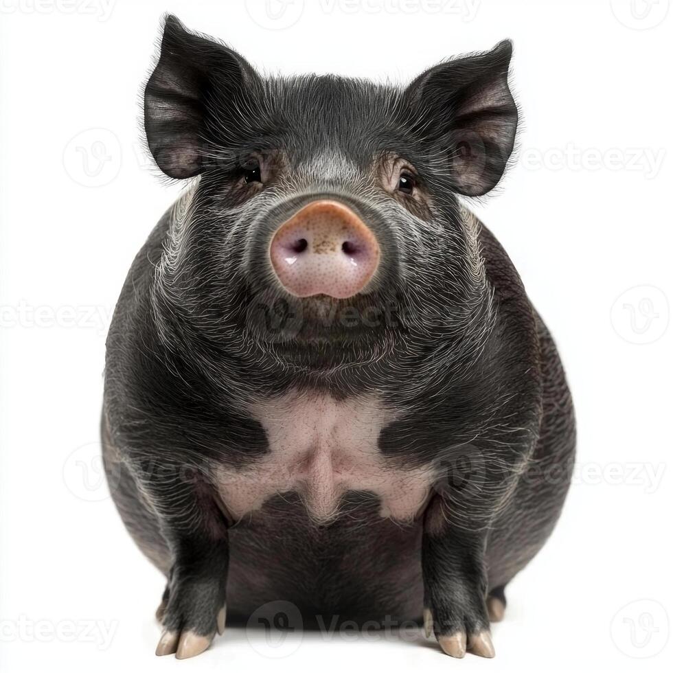 Vietnamese pot-bellied pig sits happily, its round belly and small snout on display. This charming creature radiates contentment in a minimalist setting. photo