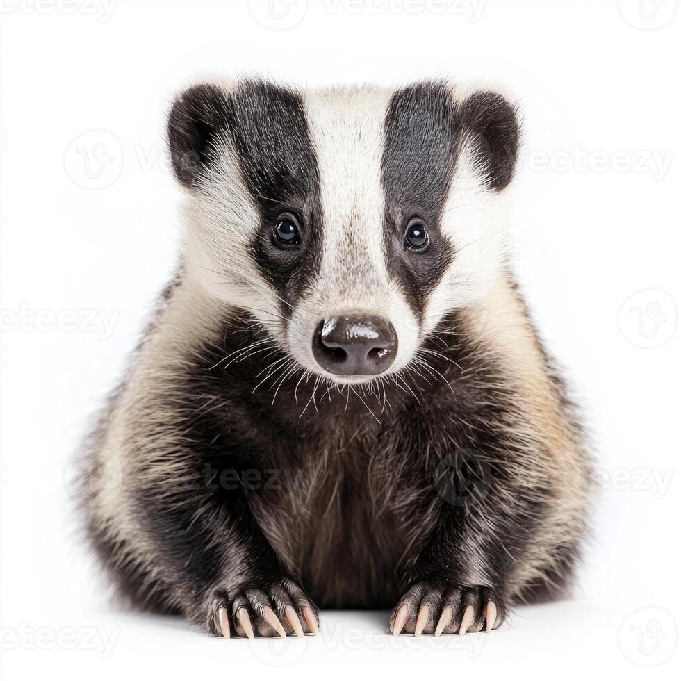 captivating badger sits perfectly still, highlighting its distinctive striped face and glossy fur as it gazes forward, a moment of calm elegance in its natural beauty. photo