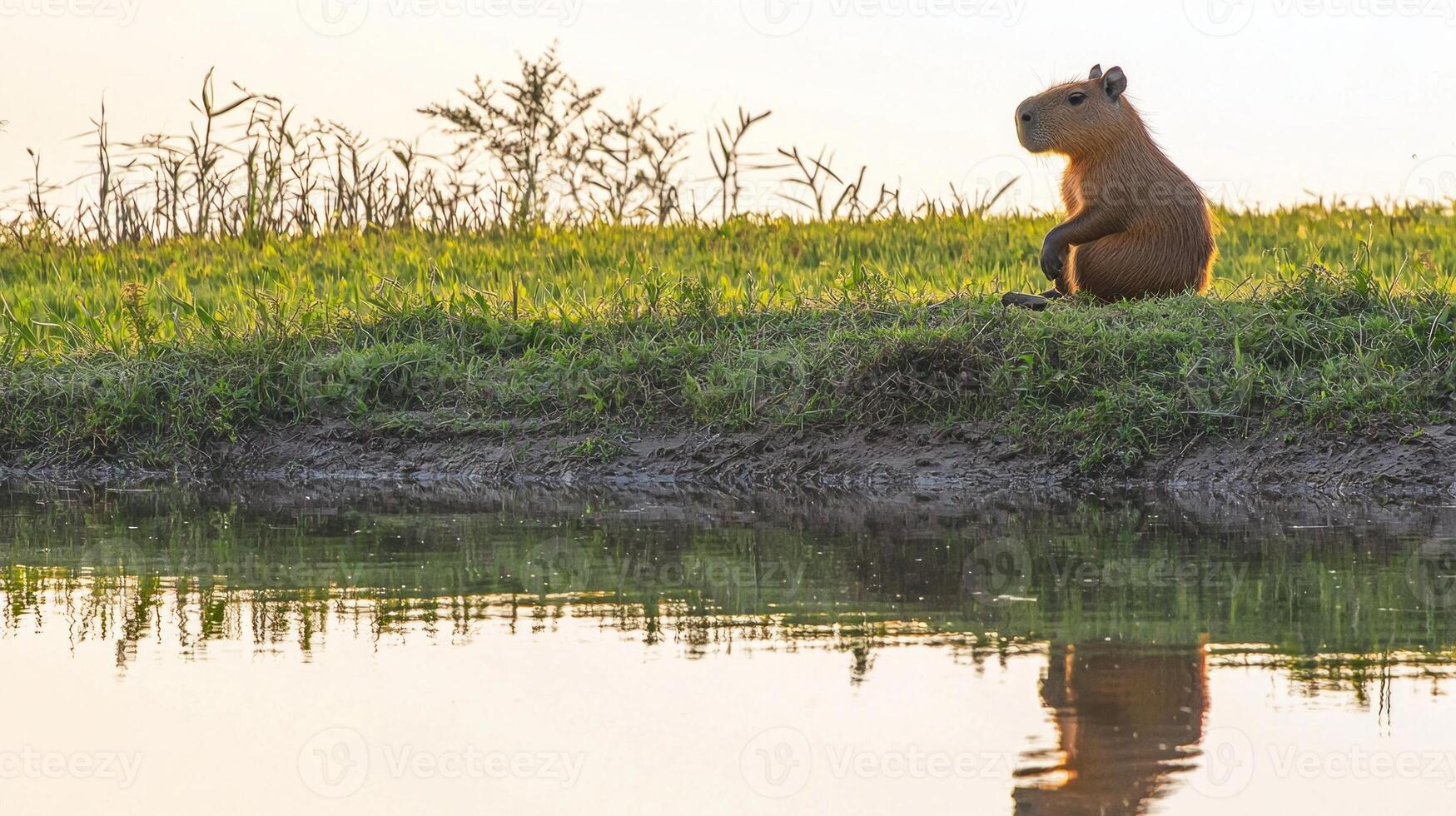 capybara relaxes near a peaceful body of water, its thick fur glistening softly in the gentle evening light, embodying the tranquility of its natural habitat. photo