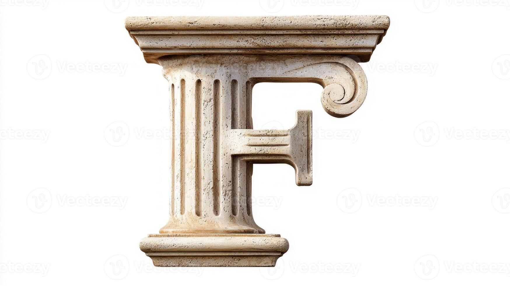 letter F stands out as an exquisite creation shaped like an antique column, featuring detailed textures and classic architecture against a pristine white backdrop. photo