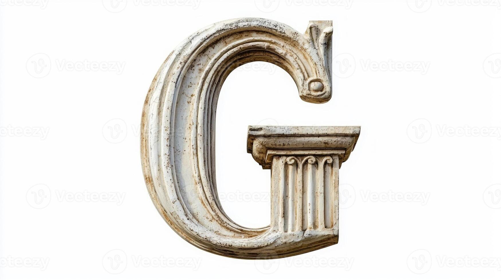 letter G showcases intricate antique column textures, merging classic design with modern simplicity. Its grand appearance stands out against a clean white background. photo