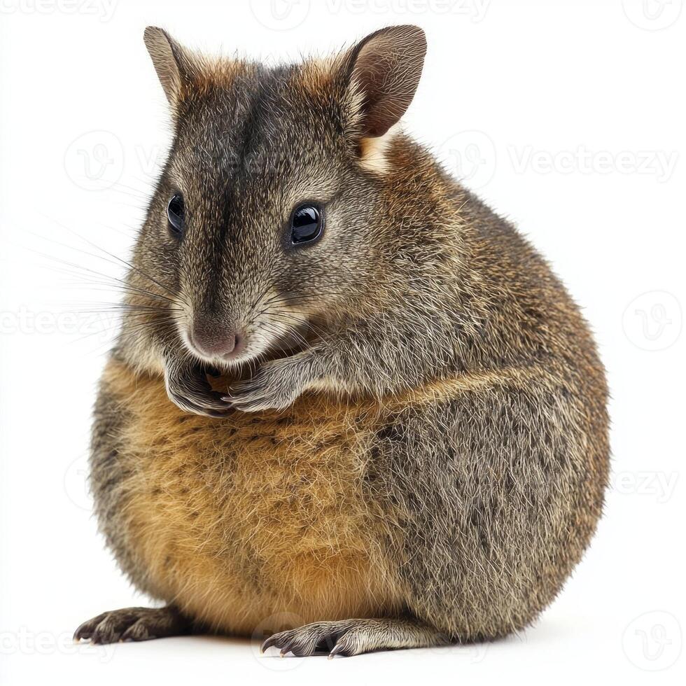 delightful pademelon relaxes with its short limbs tucked in, displaying a rounded body and soft fur, creating a heartwarming portrayal. photo