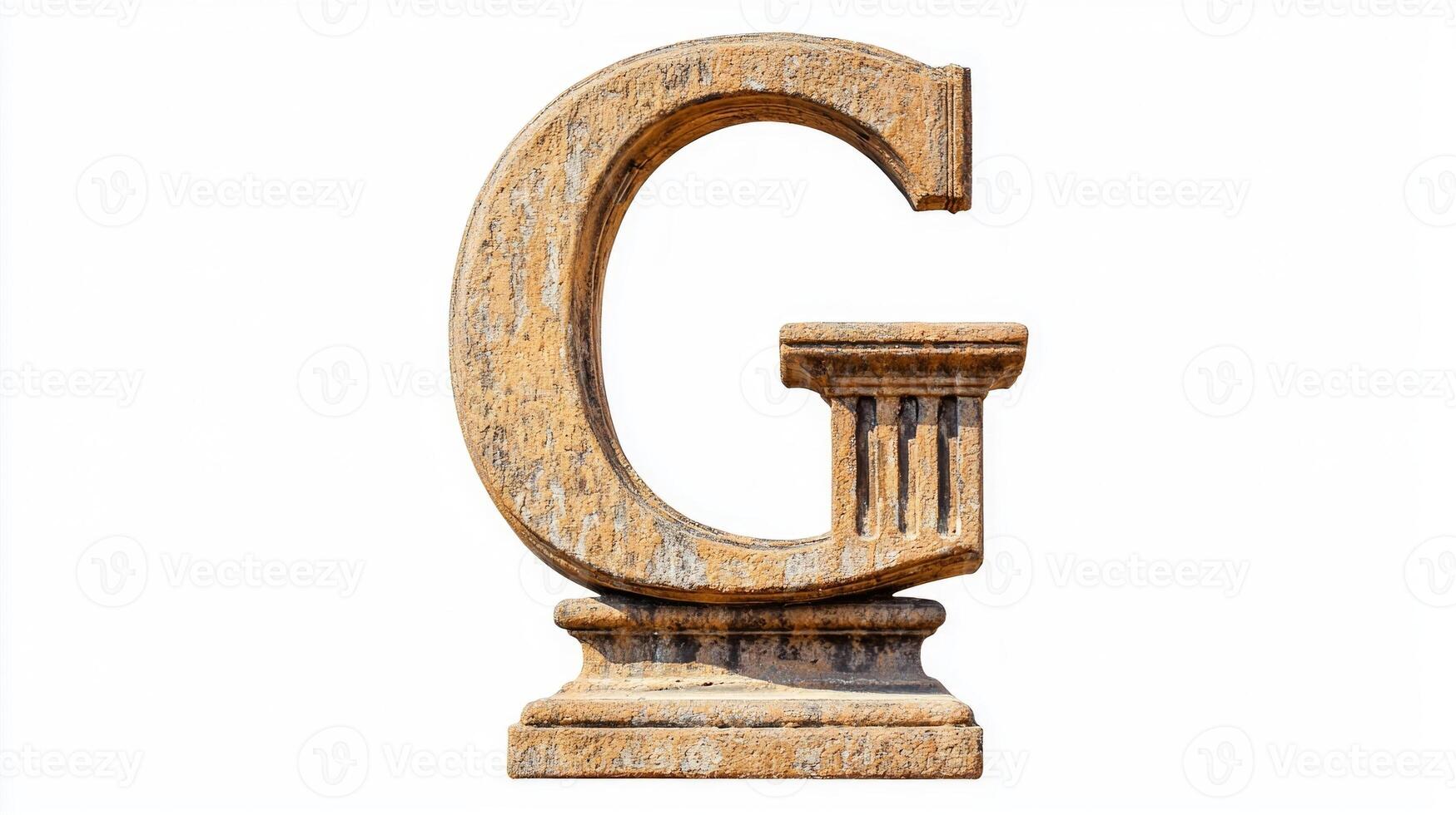 letter G stands tall, crafted with an antique column texture that exudes sophistication. It is isolated against a pristine white background, perfect for diverse creative uses. photo