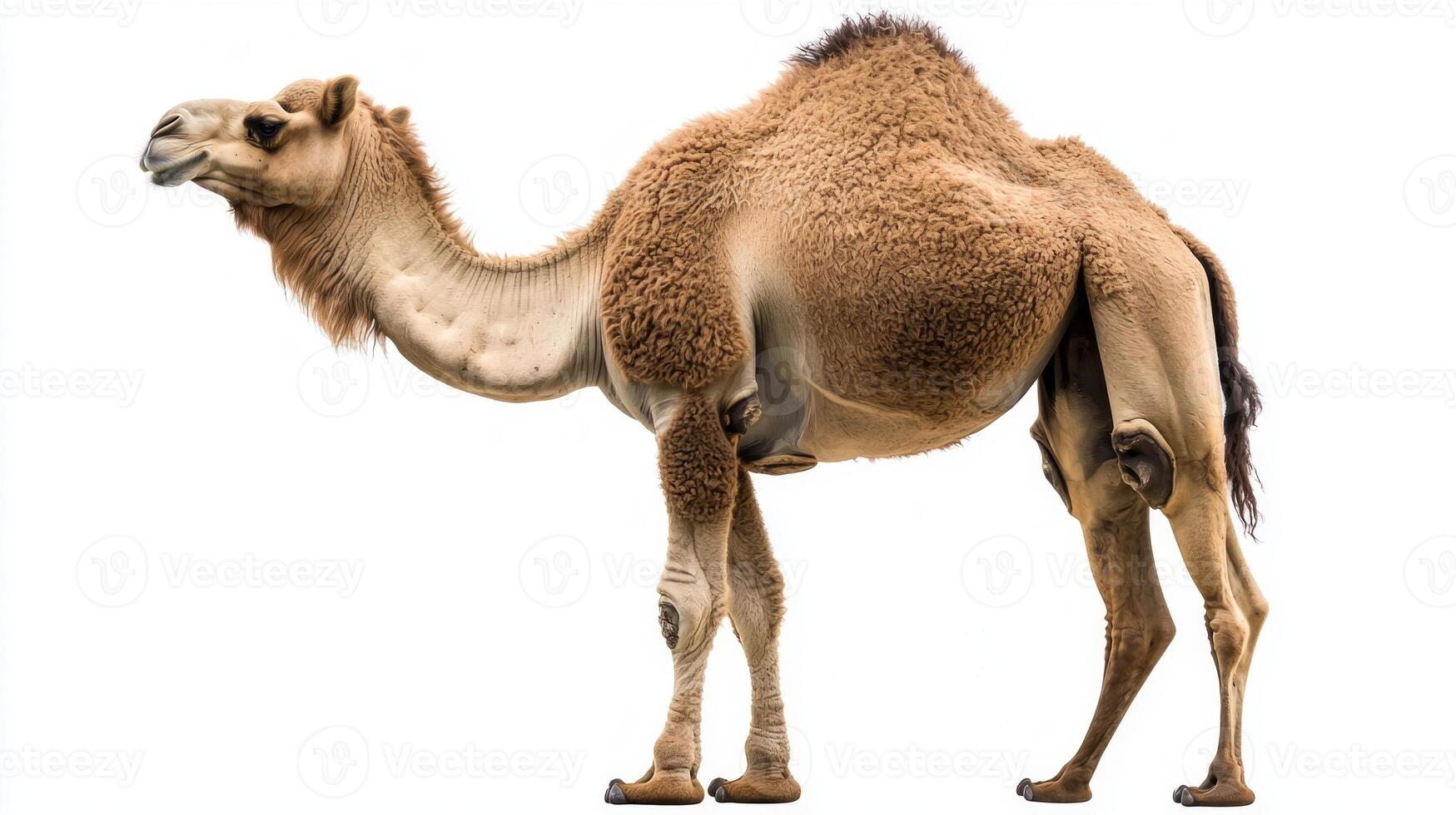 striking camel gracefully poses with its head turned, displaying its distinctive humps and elegant form. The contrast against the white background enhances its natural beauty. photo