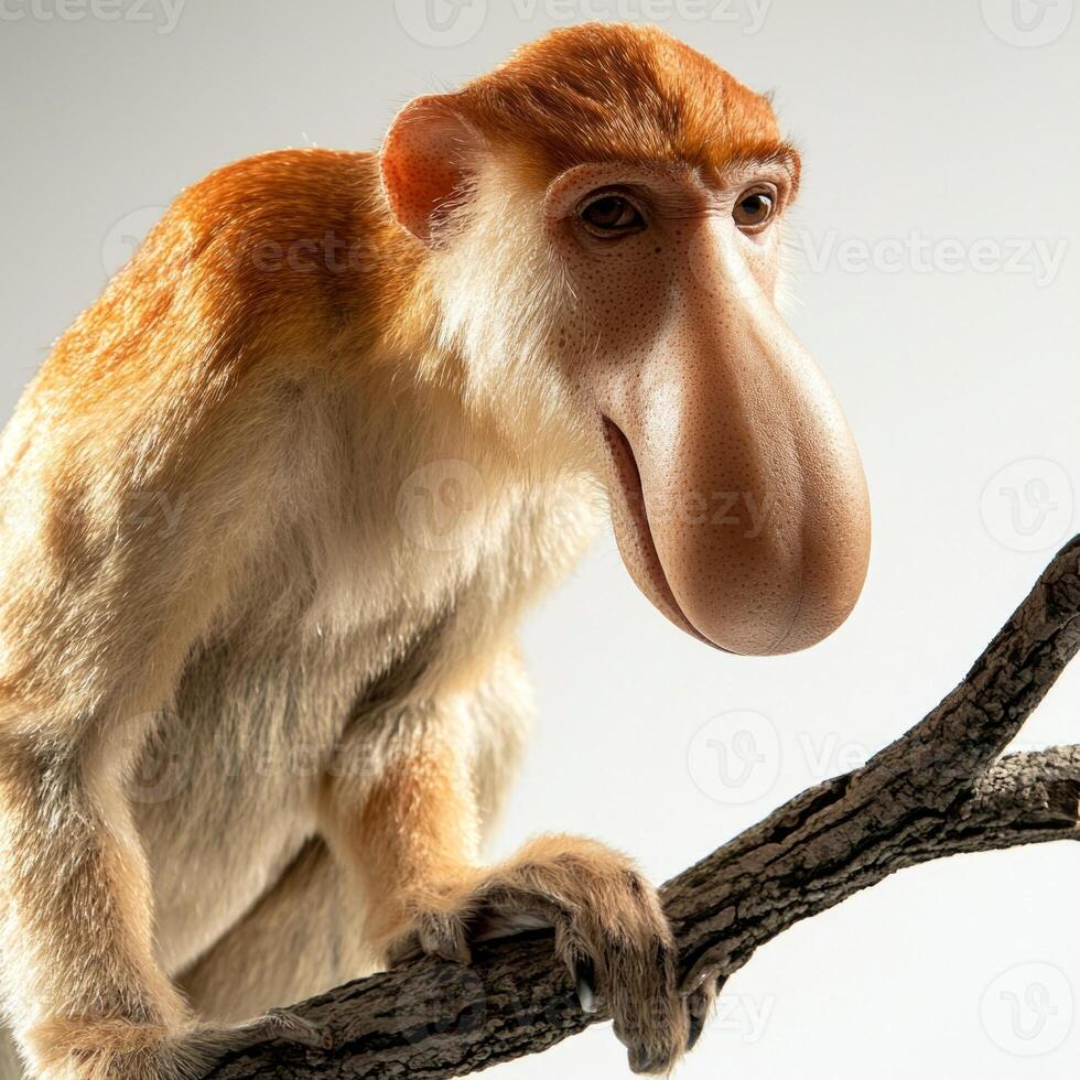 striking proboscis monkey rests on a branch, highlighting its unique long nose and intricate fur pattern, creating a captivating focal point against a bright white background. photo
