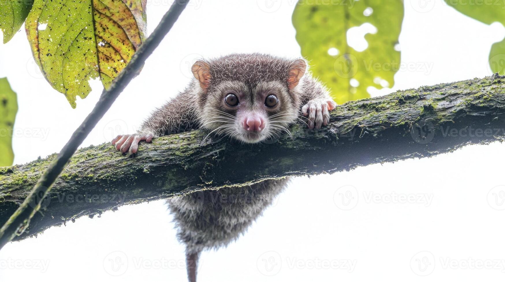 juguetón cuscús es visto colgando desde un árbol rama, exhibiendo sus grueso piel y grande, expresivo ojos. el lozano alrededores crear un pacífico atmósfera en naturaleza. foto
