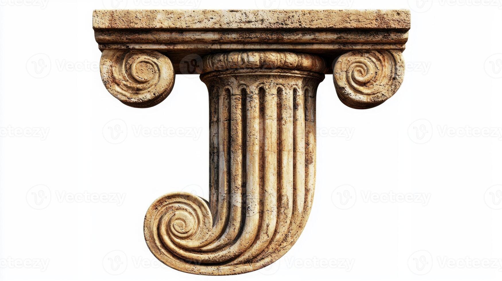 artwork features a stunning letter J shaped like an antique column, highlighting the intricate textures and details of classic architecture. The piece stands against a pristine white background. photo