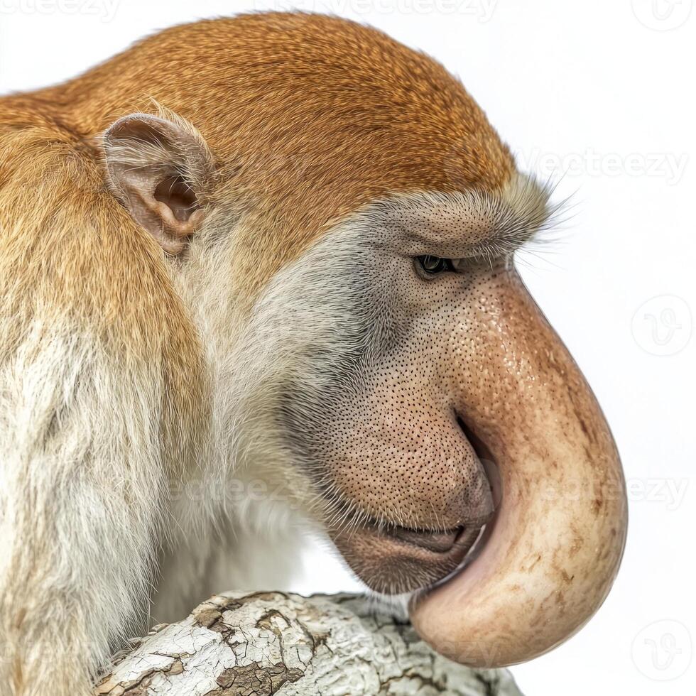 proboscis monkey is relaxing on a branch, its unique long nose and beautifully textured fur highlighted against a white background, embodying serenity in nature. photo