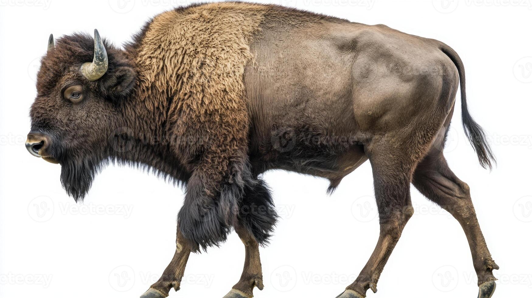 European bison strides purposefully, its muscular build and large head capturing attention against a pure white backdrop, emphasizing its strength and grace in motion. photo