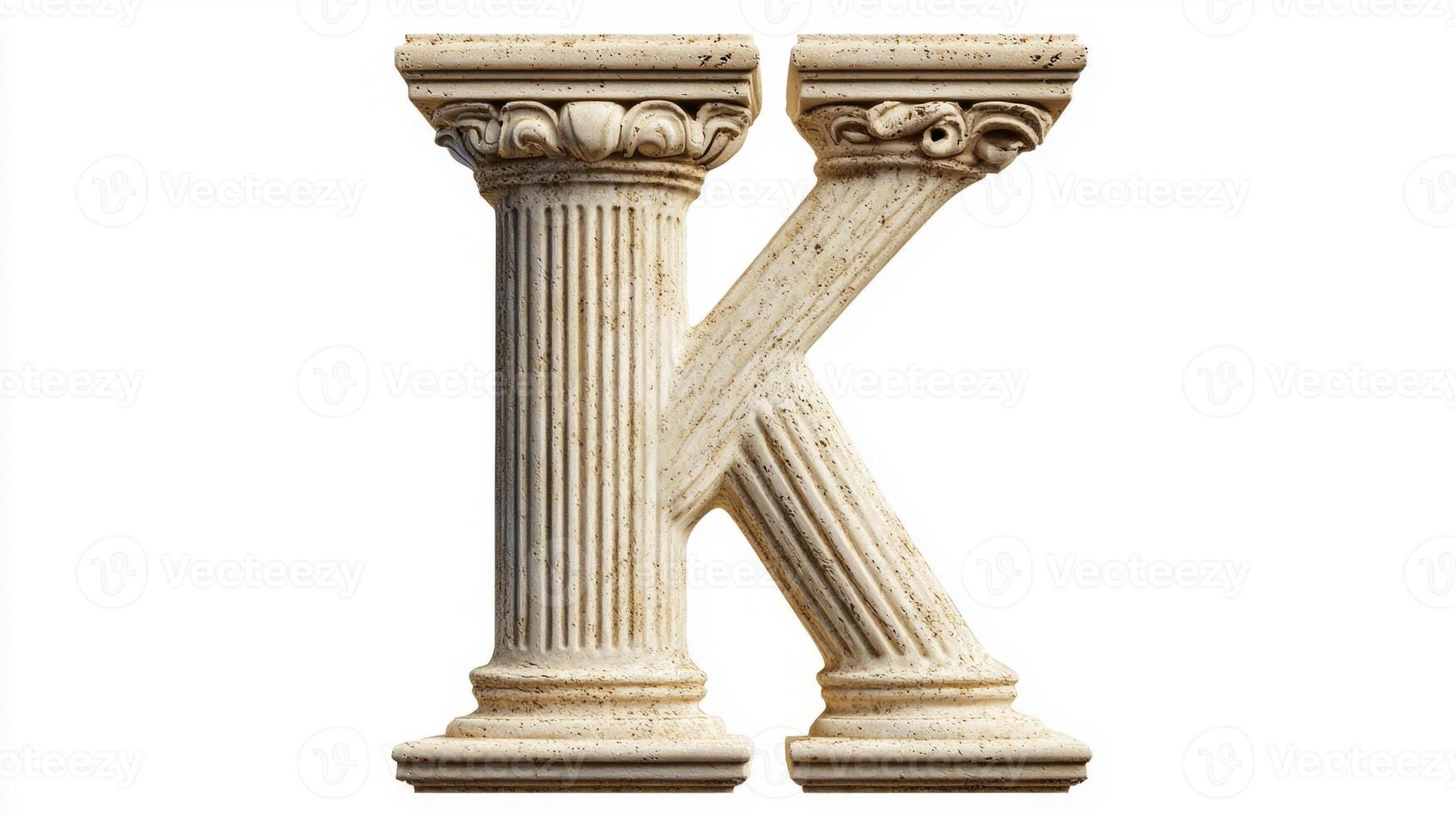 striking letter K, fashioned from antique column elements, stands out with its intricate detailing against a clean white background, perfect for creative designs. photo